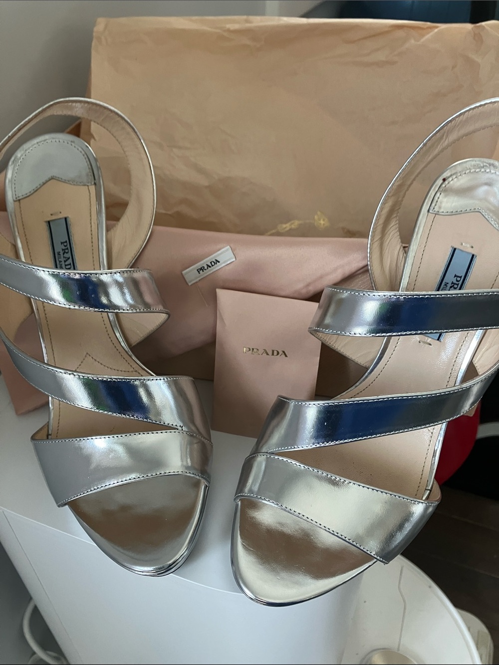 Prada Silver Metallic Strappy Sandals - Women's